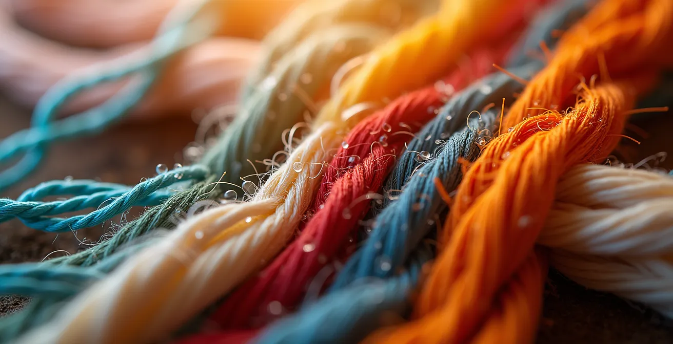 Extreme close-up of diverse textile threads weaving together into unified fabric