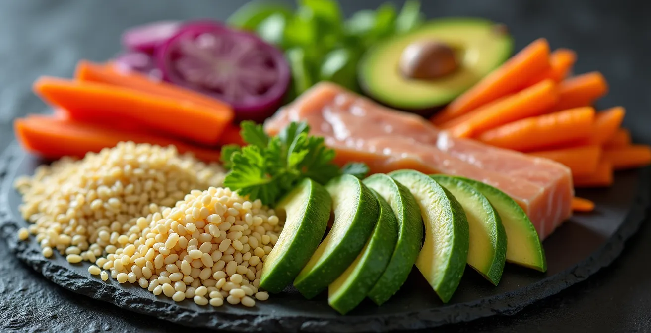 Macro photography of nutrient-dense meal components showing texture and natural colors