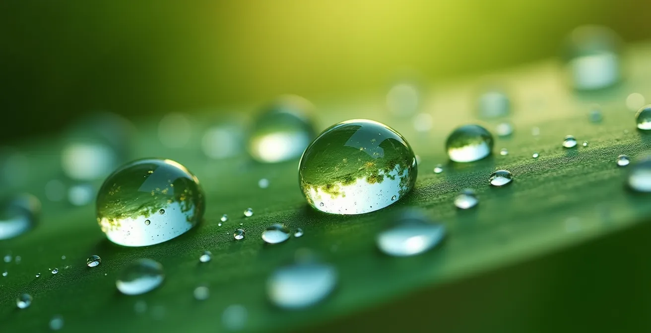 Macro close-up of water droplets on a leaf surface showing different reflections