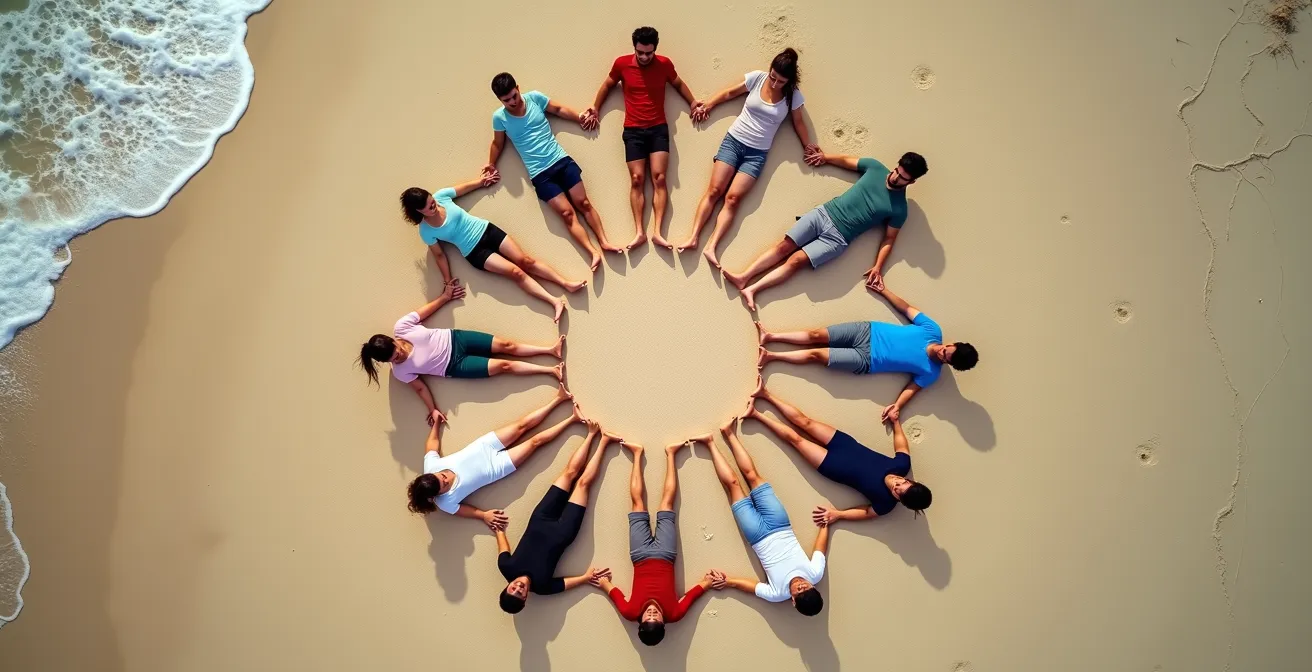 Aerial view of people arranged in circular mandala formation on beach at sunset