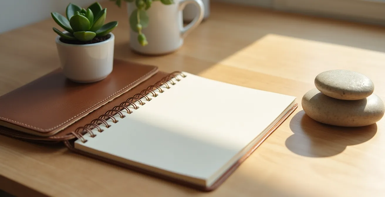 Peaceful workspace with journal and natural elements for tracking wellness patterns.