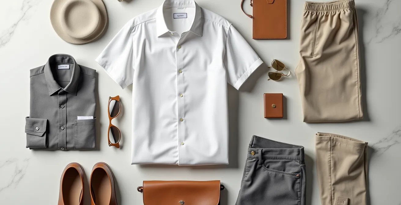 Organized modular wardrobe system showing interchangeable professional pieces arranged by context