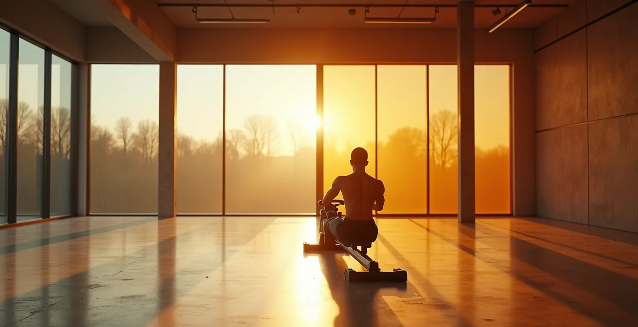 A split-screen view contrasting a gym environment in the bright, natural light of morning and the warm, artificial light of evening.