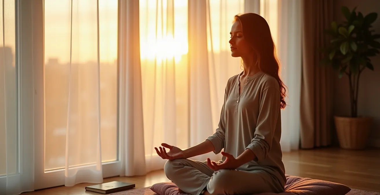 Person performing morning breathing exercise by window with soft natural light