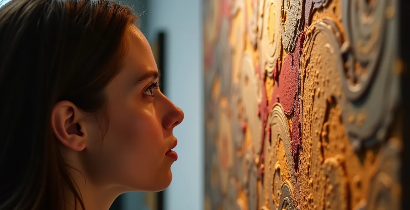 A museum visitor closely observing the detailed brushstrokes on a large, textured painting.