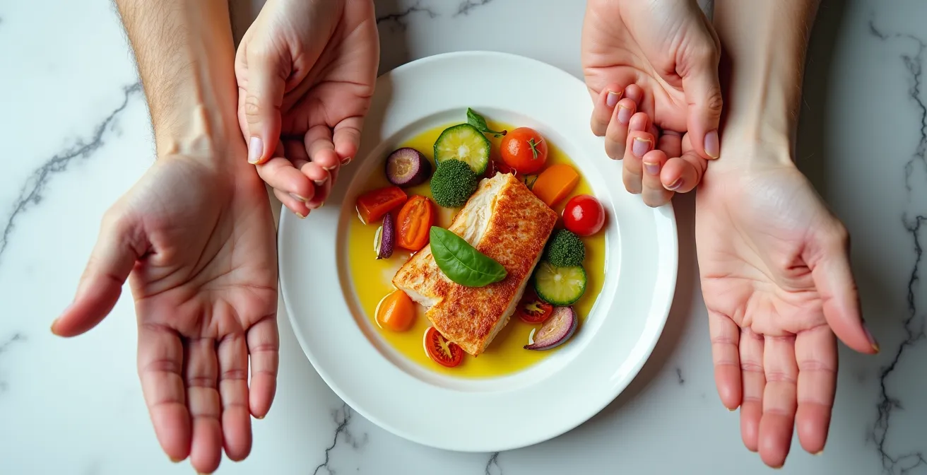 Hands demonstrating portion sizes using palm and fist measurements over a balanced meal
