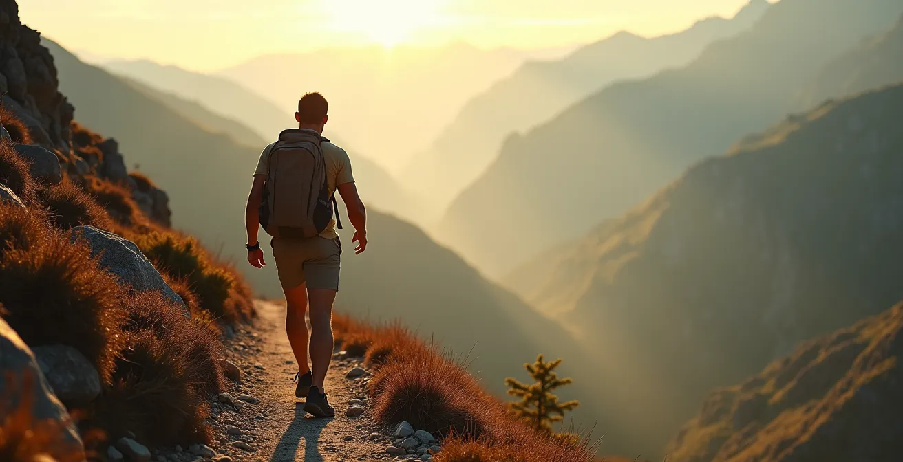 Hiker ascending rocky mountain trail during sunrise with expansive valley view