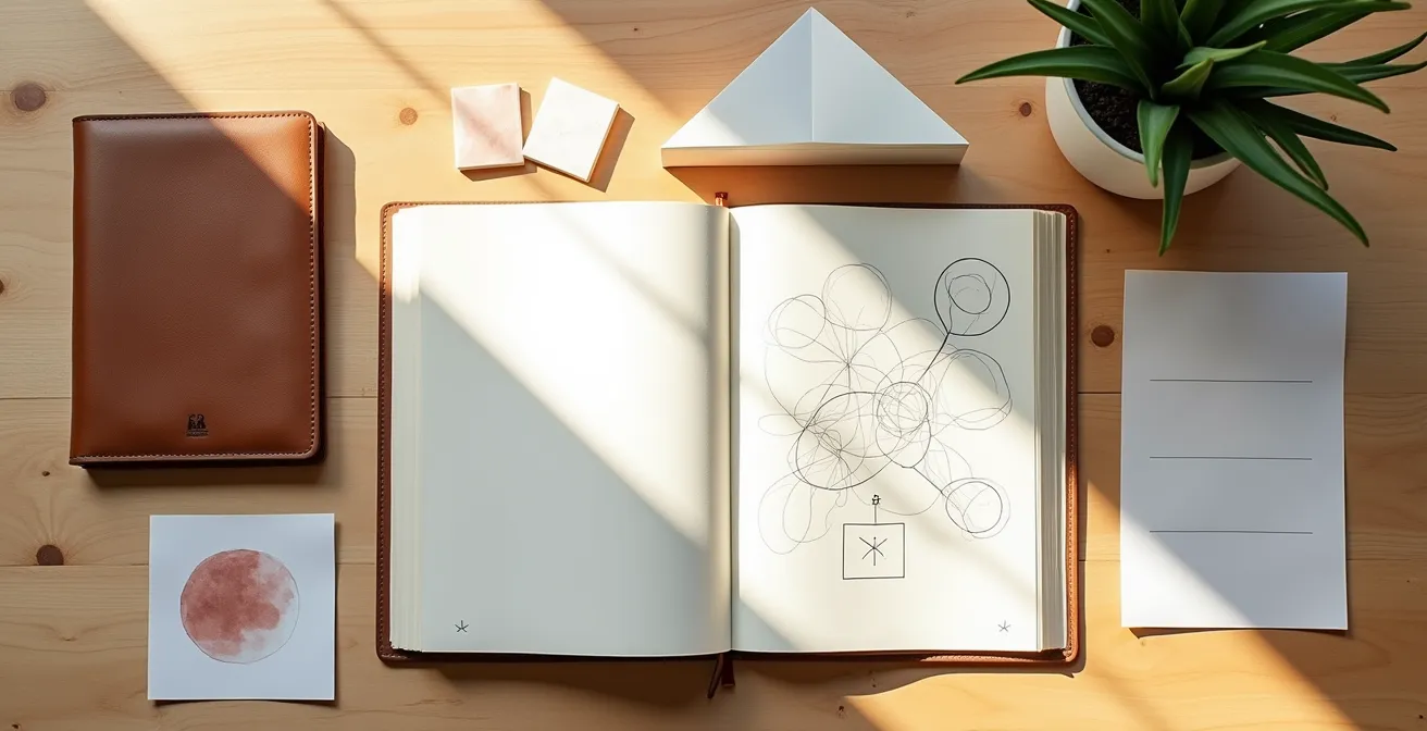 Overhead view of a minimalist workspace with journal, meditation cushion, and feedback notes arranged thoughtfully