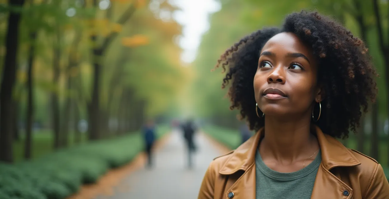 Individual standing at intersection of multiple pathways representing different value choices