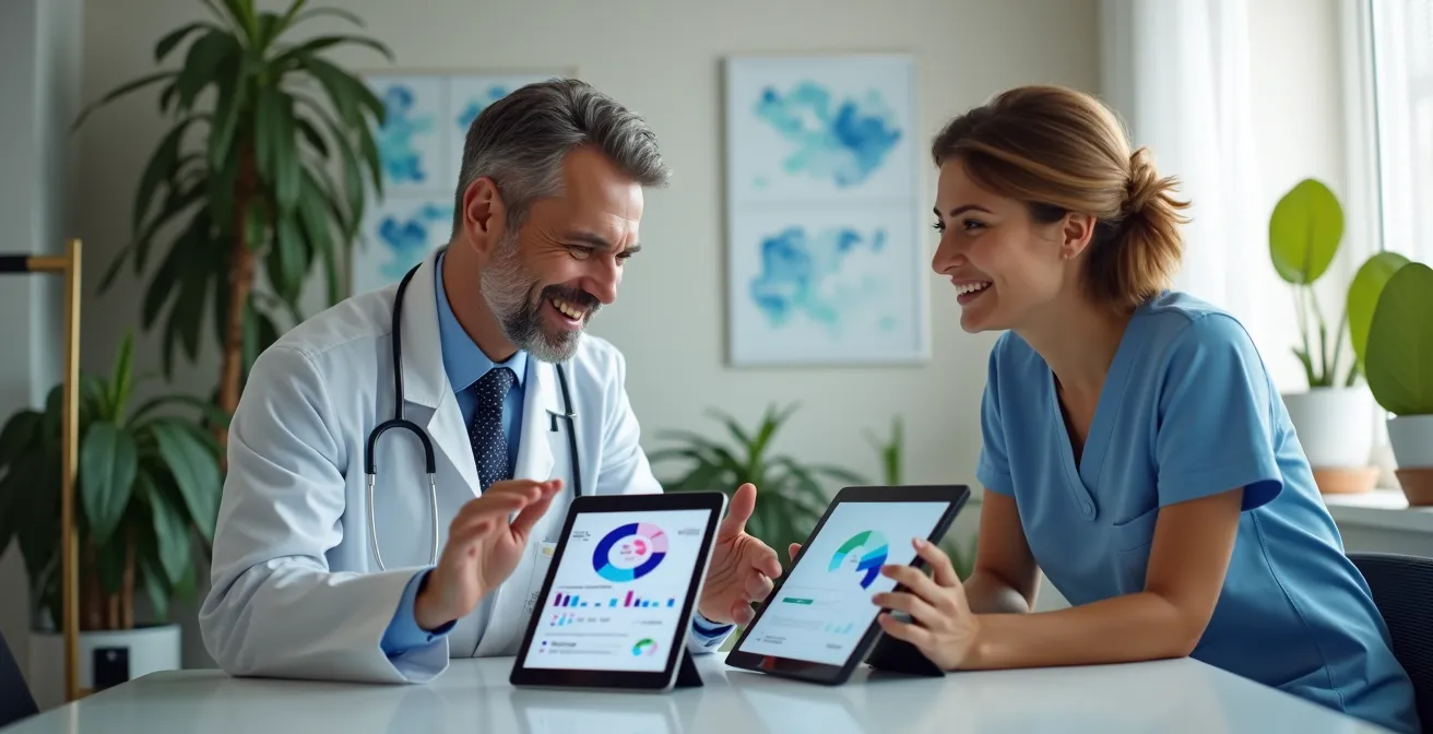 Healthcare professional analyzing genetic risk data with patient in modern medical consultation room