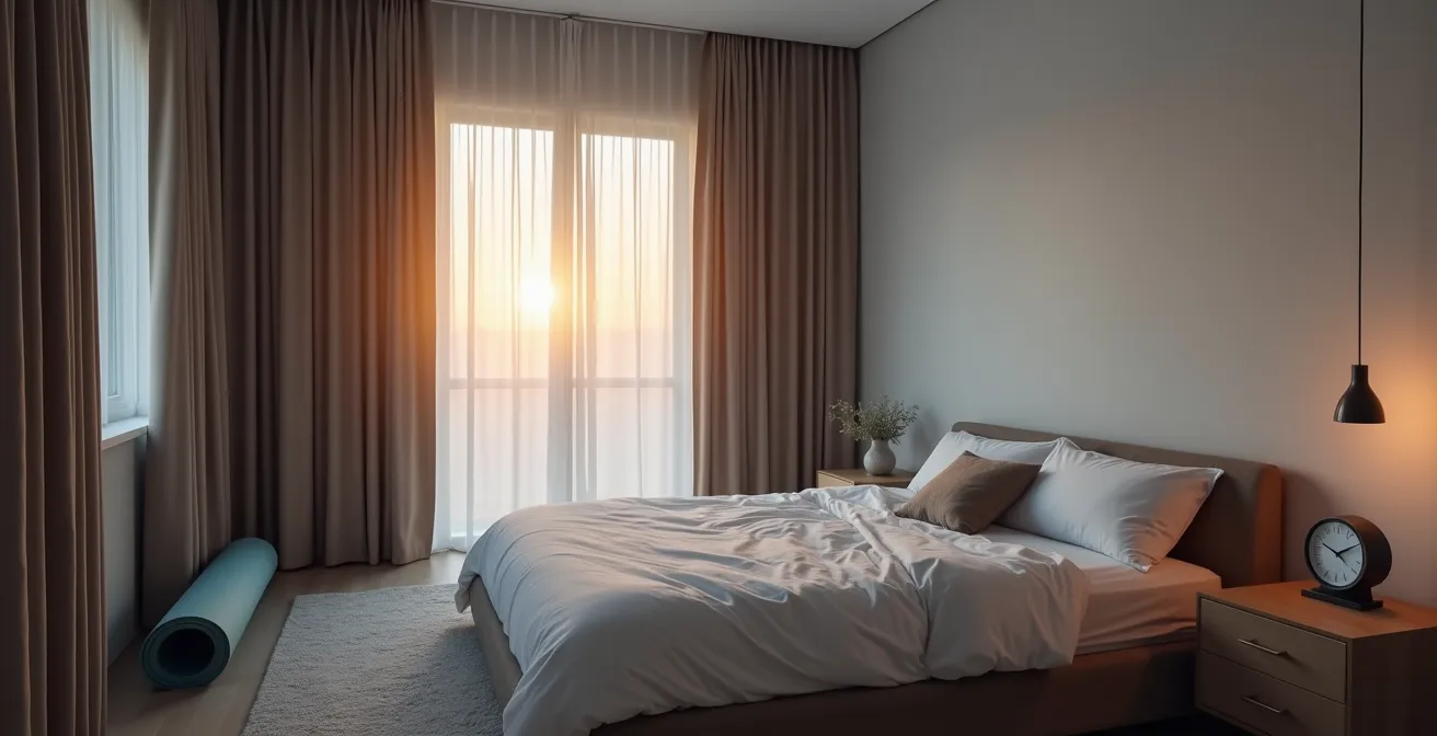 Wide shot of modern bedroom setup optimized for sleep with temperature and light controls