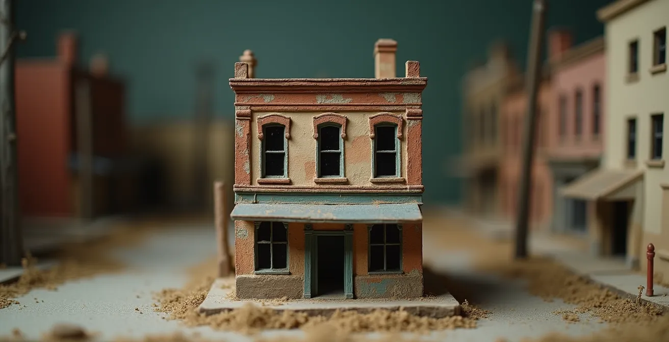 Behind-the-scenes setup showing forced perspective technique with miniatures and camera placement