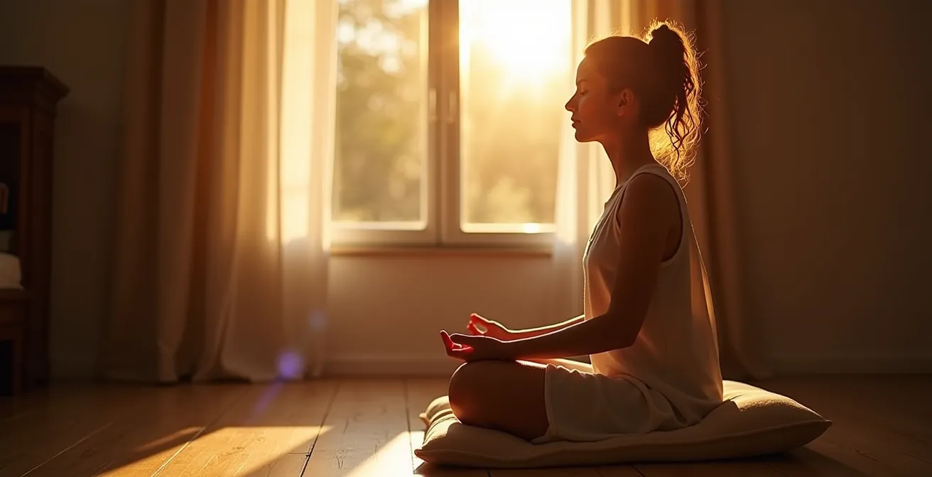 Person meditating in soft evening light preparing for tomorrow