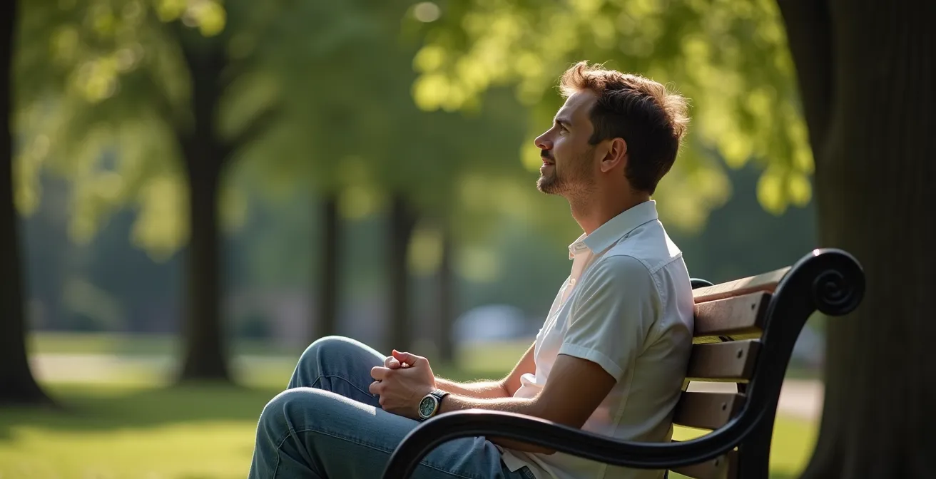 A solitary traveler sitting on a park bench in a moment of peaceful, contemplative reflection during their journey.