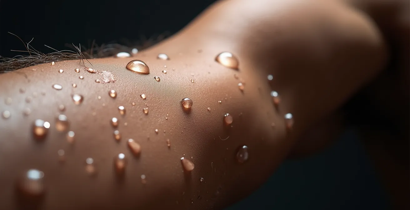 Athlete in peaceful recovery pose with abstract muscle fiber regeneration patterns