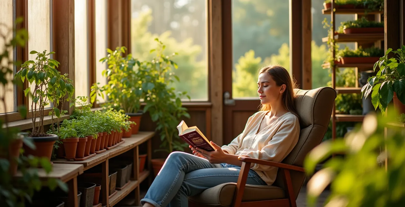 Interior view of a passive solar greenhouse with abundant vegetables, warm natural light, and a person relaxing in a comfortable reading chair surrounded by plants