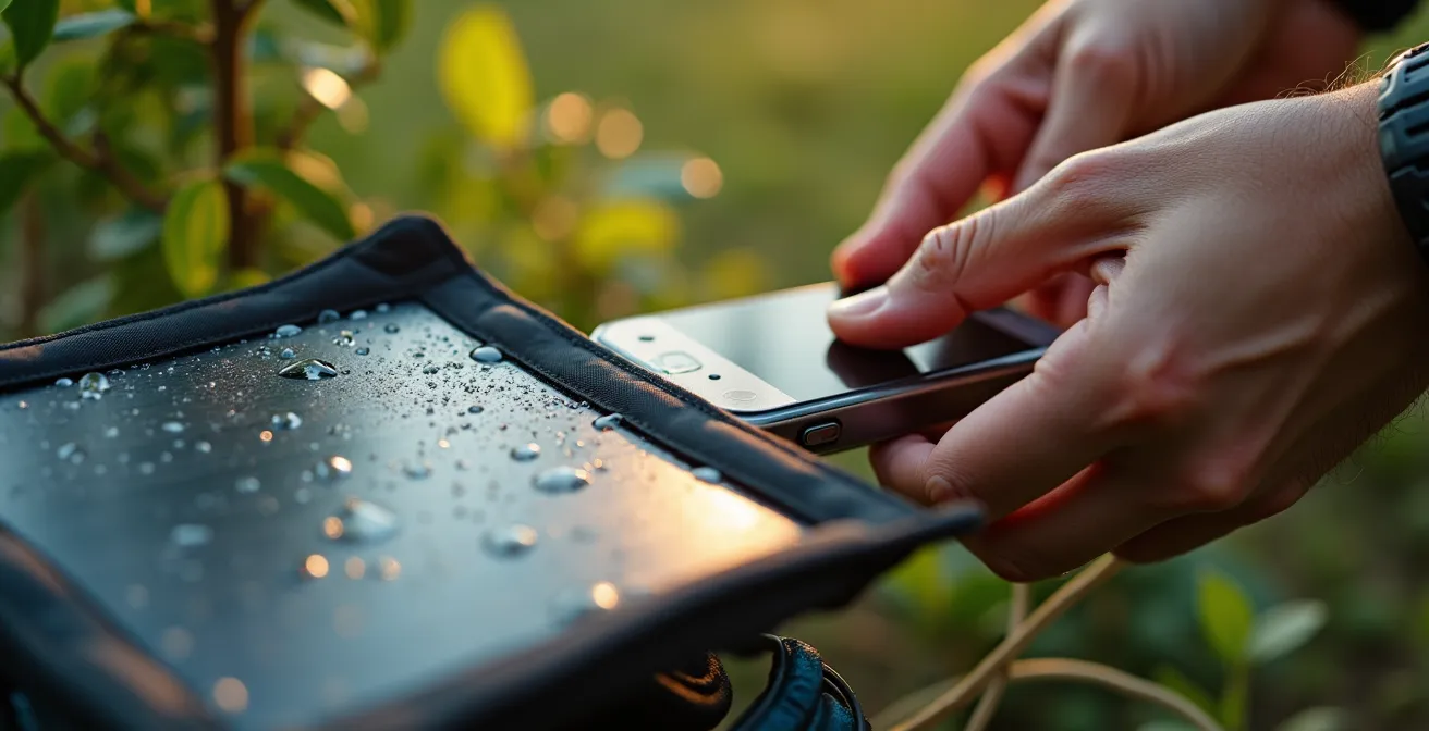 Traveler using solar charging equipment in natural setting