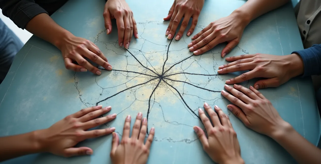 Hands mapping interconnected paths from individual skills to collective outcomes