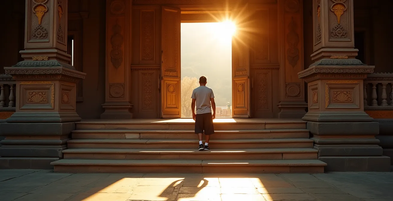 A traveler respectfully removing shoes before entering a temple, with locals nodding in approval