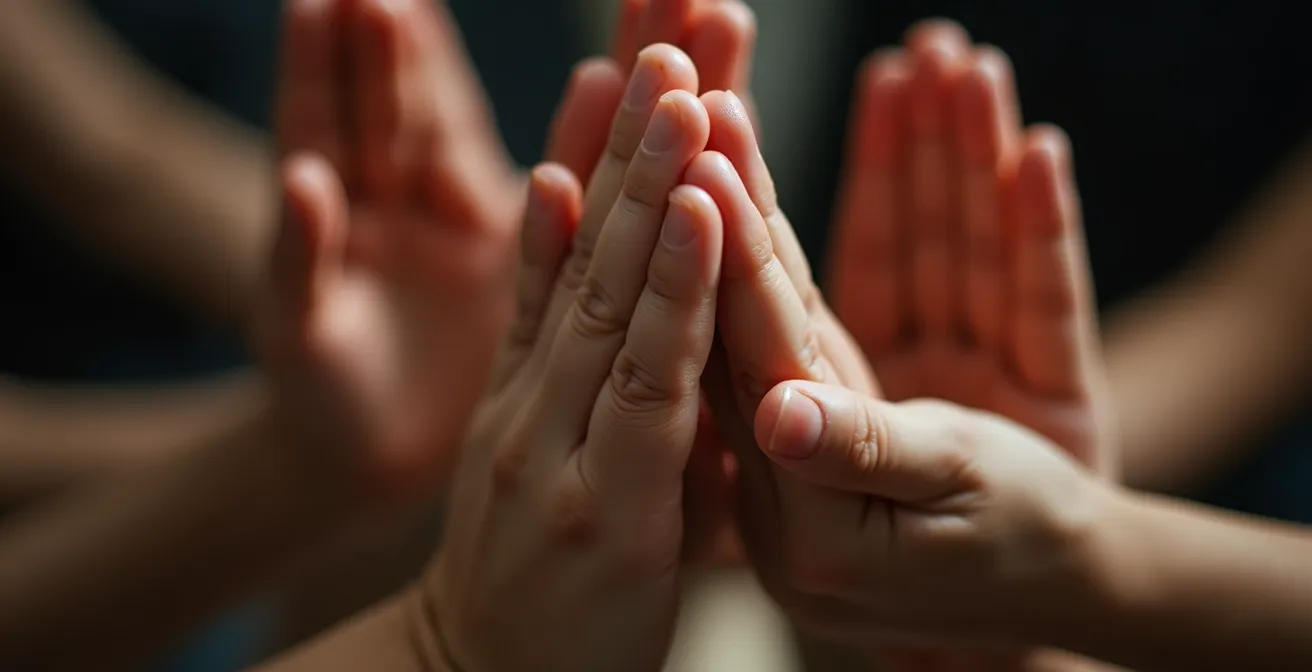 Close-up macro shot of synchronized ritualistic hand movements in collective ceremony