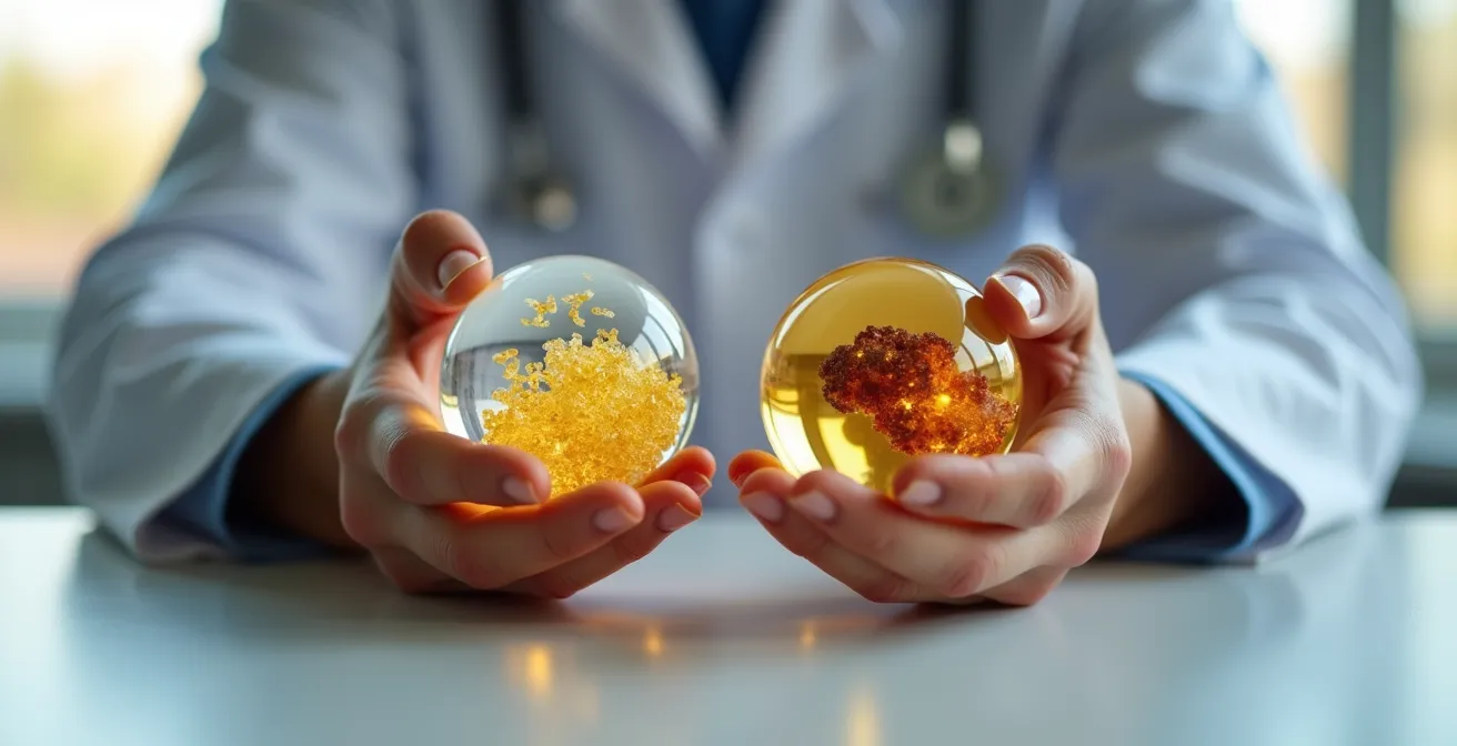 A visual metaphor of balancing the golden light of early detection benefits against the dark crystals of overdiagnosis risks on a delicate scale.