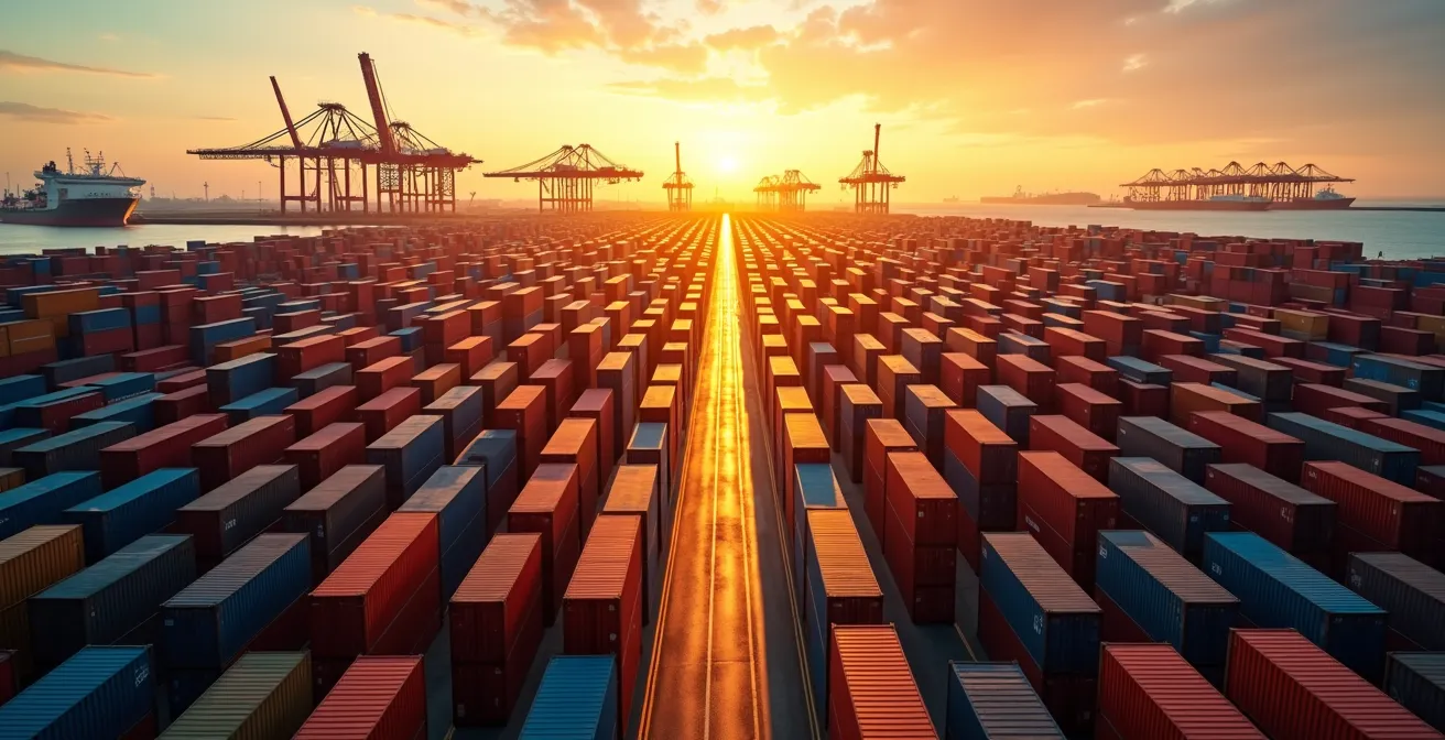 Aerial view of colorful shipping containers arranged in complex patterns at a busy port