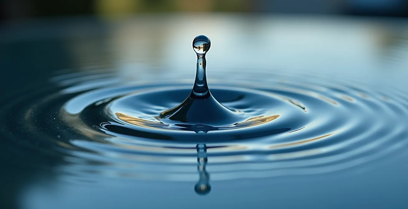 Macro view of ripples in water creating expanding circular patterns