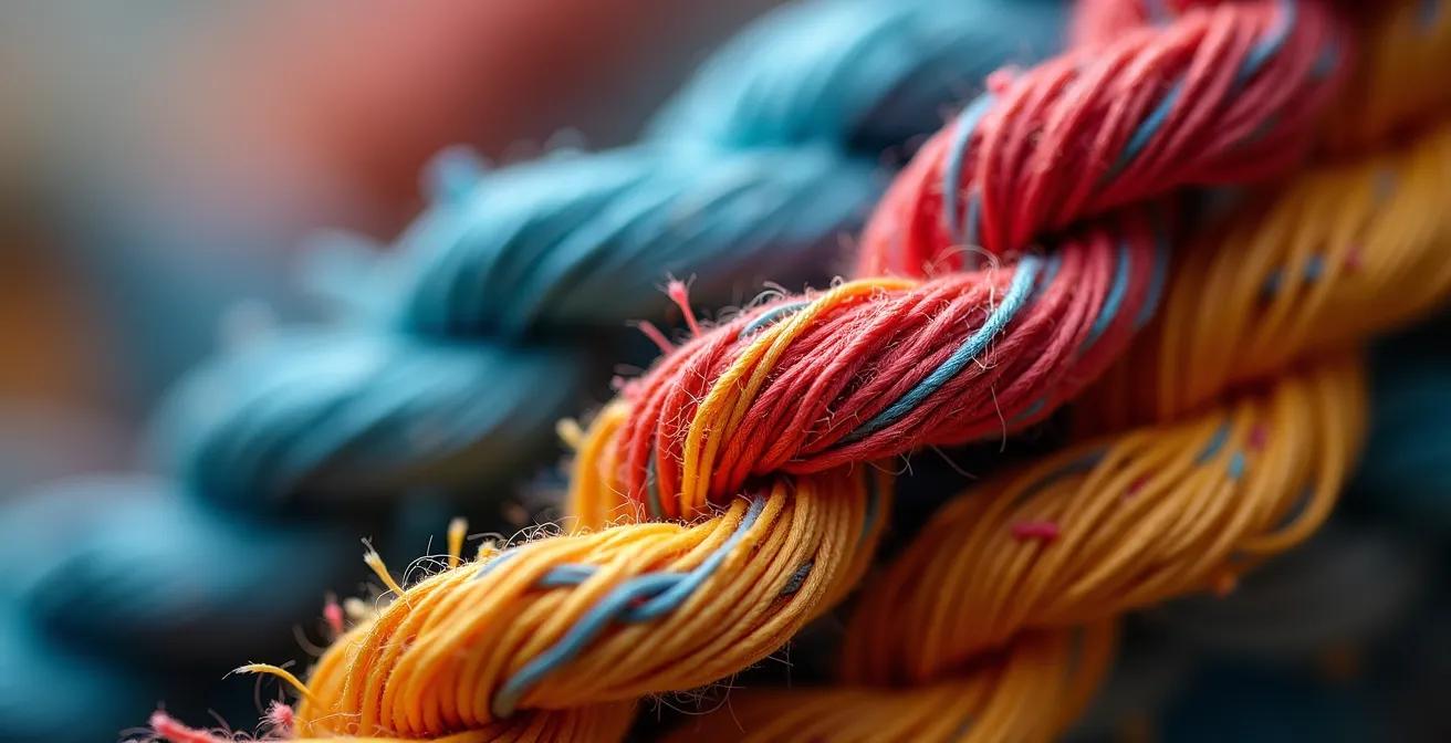 Extreme close-up of interwoven fabric threads showing dense and sparse areas