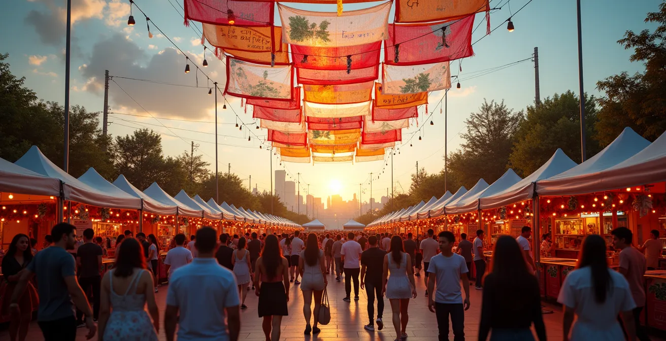 Wide shot of diverse crowd at outdoor cultural festival with colorful banners