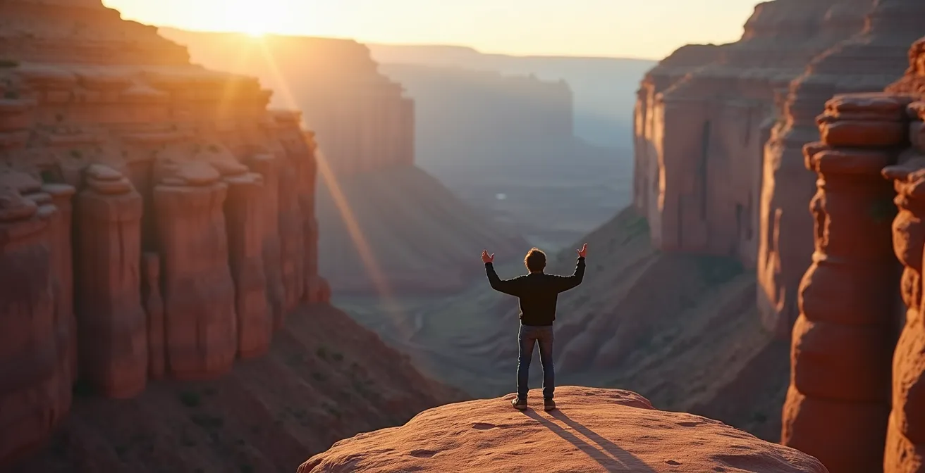 Solitary figure experiencing awe while overlooking vast canyon at sunset