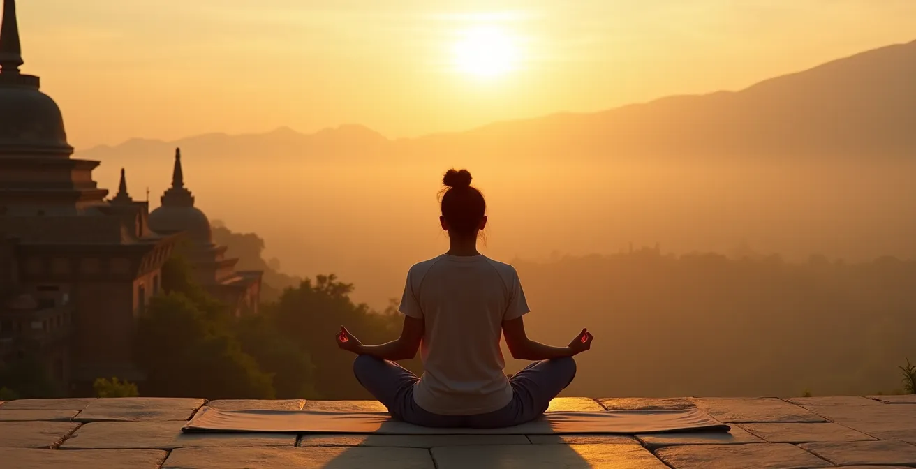 A solo traveler in quiet morning meditation overlooking an unfamiliar landscape at sunrise