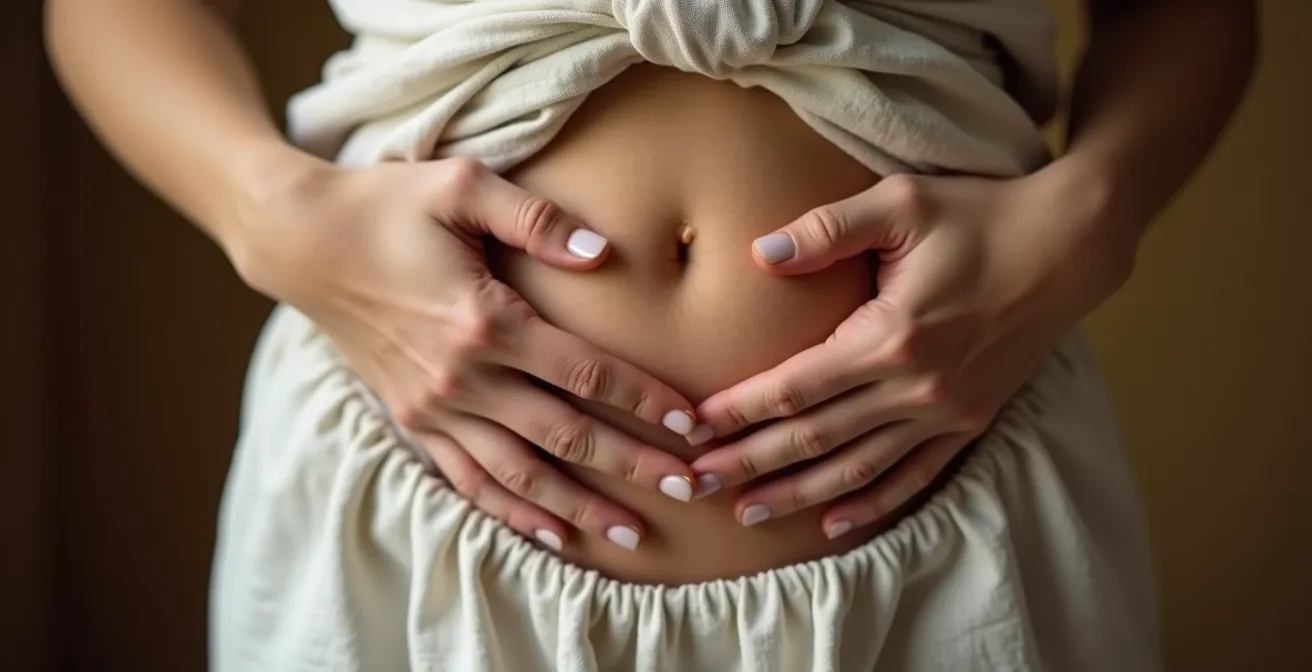 Close-up of hands resting on abdomen during body scan meditation
