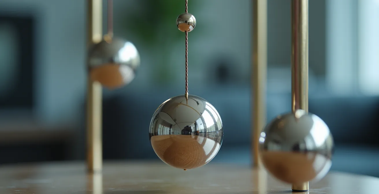 A Newton's cradle with spheres frozen mid-swing, symbolizing the loss of strategic momentum due to neglect.