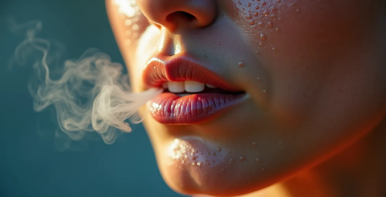 Close-up of athlete's face showing controlled breathing technique post-workout