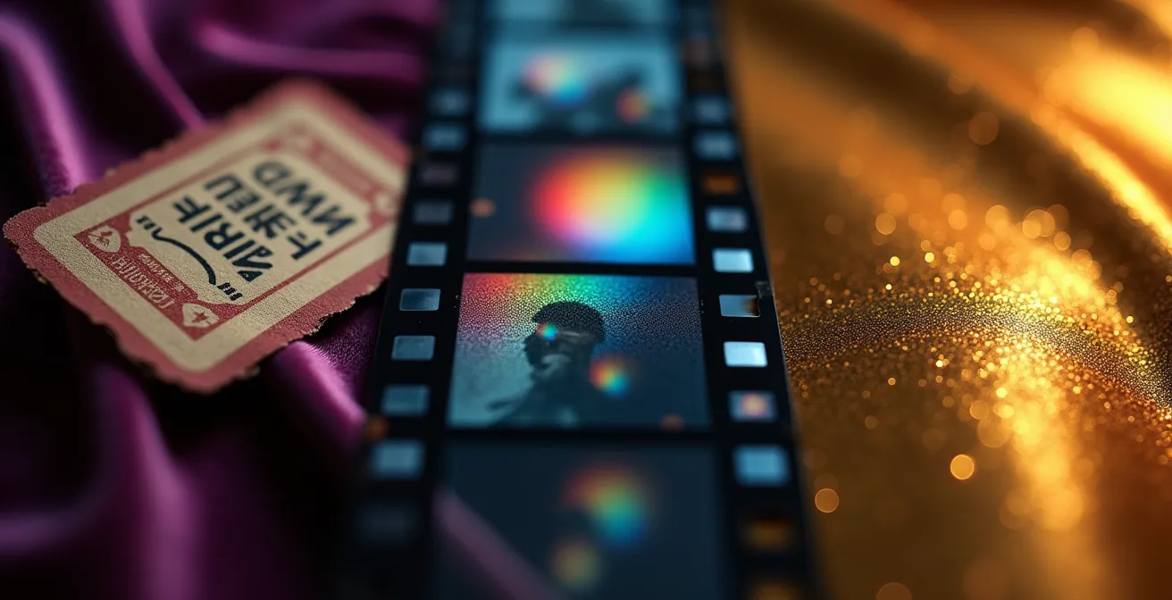 Three distinct film production aesthetics represented through color palettes and symbolic objects