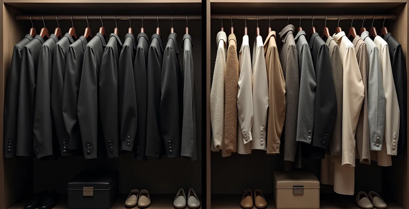 Split composition showing woman's wardrobe transformation from structured corporate to relaxed creative style