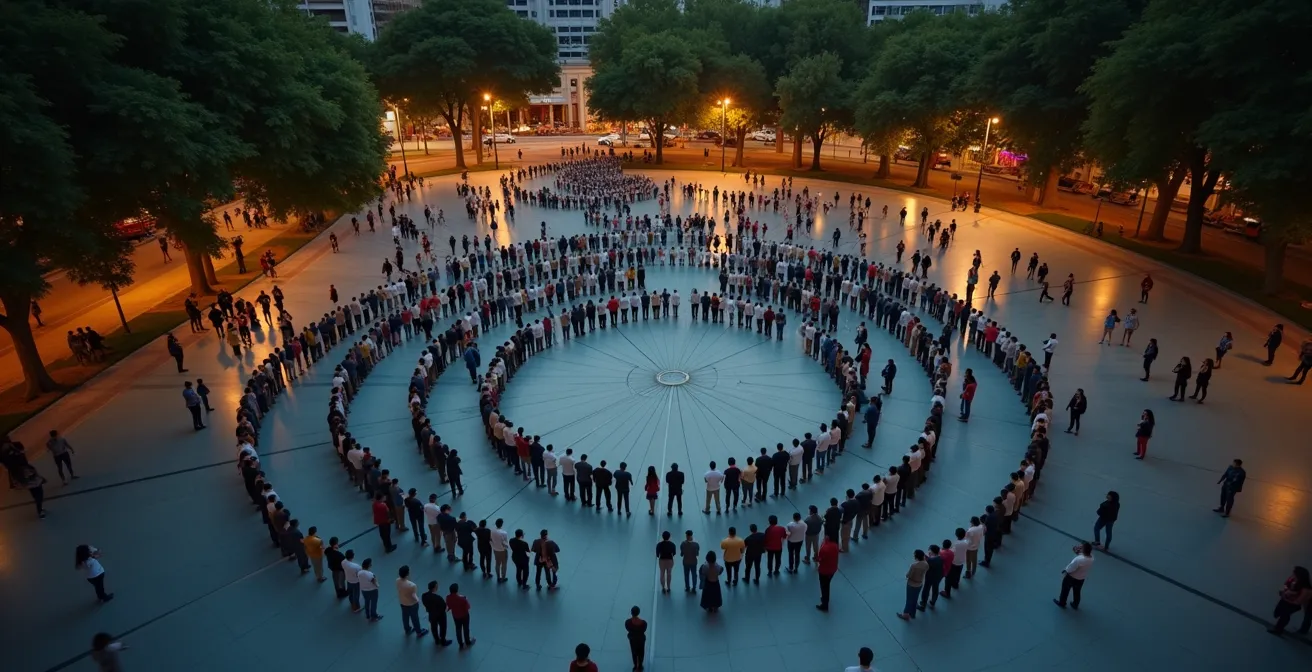 Wide shot of community gathering space at dusk, showing people engaged in a synchronized, constructive ritual.