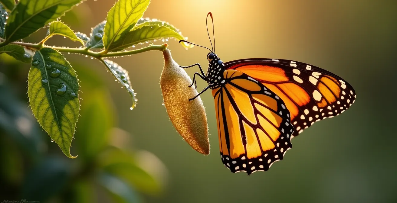 Butterfly emerging from chrysalis with dramatic lighting