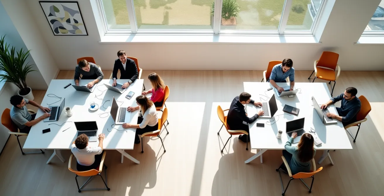 Abstract representation of team members as interconnected investment assets with varying growth trajectories