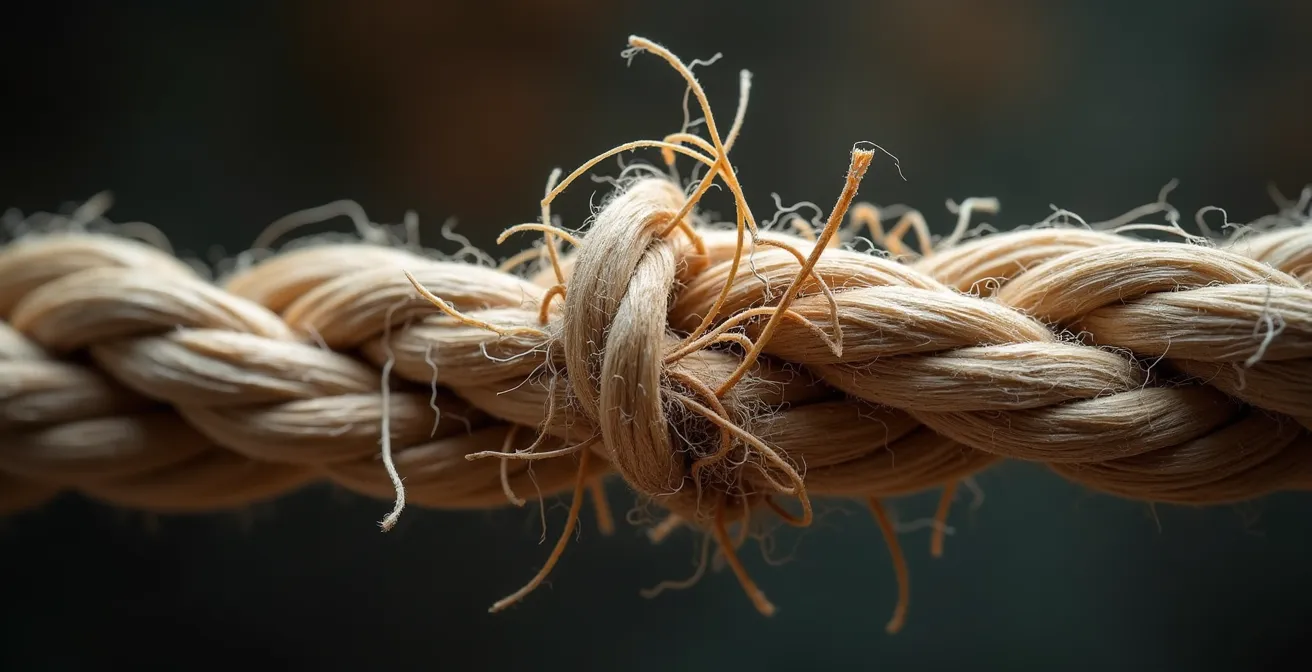 Close-up macro photograph of fraying rope strands symbolizing eroding team bonds