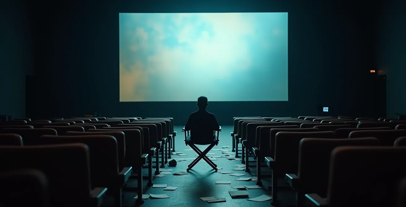 Film screening room showing audience reactions with director analyzing feedback data