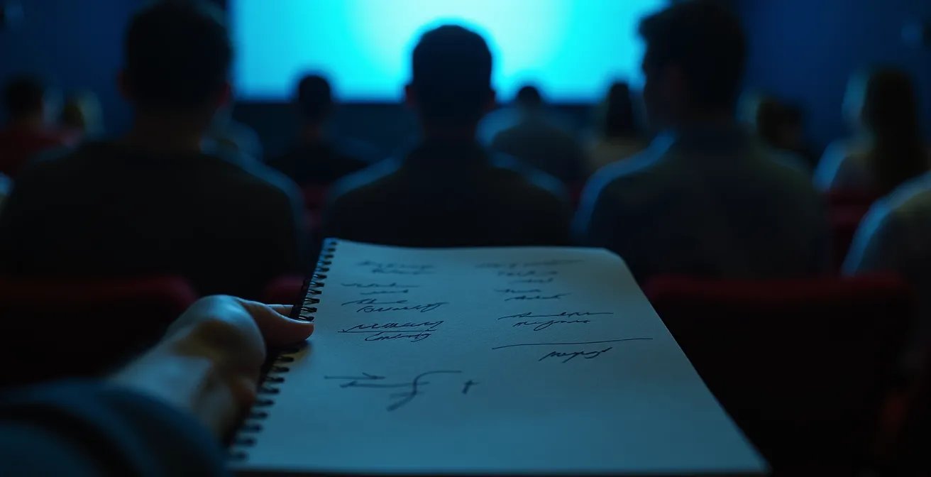 Filmmaker observing test screening audience reactions in screening room