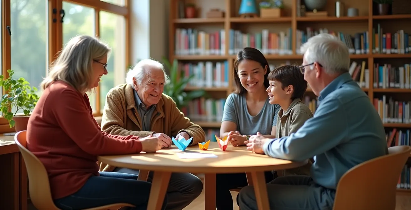 Vibrant community plaza with diverse groups naturally interacting in an inclusive public space