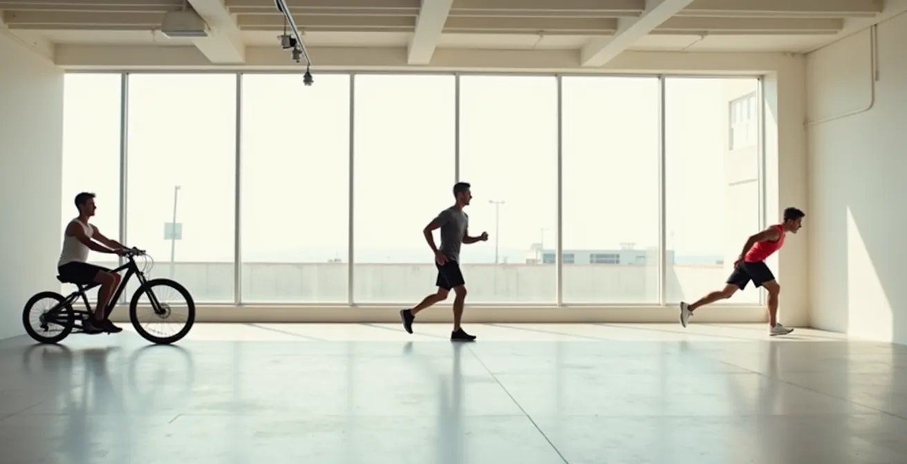 Three athletes demonstrating strength, cardio, and flexibility exercises in a unified composition