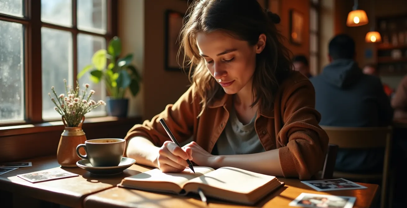 Person writing in a travel journal at a quiet cafe, surrounded by photos and mementos from their journey