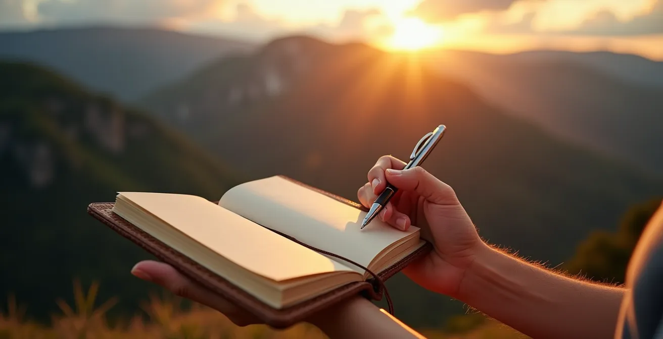Traveler writing in journal at scenic overlook during sunset