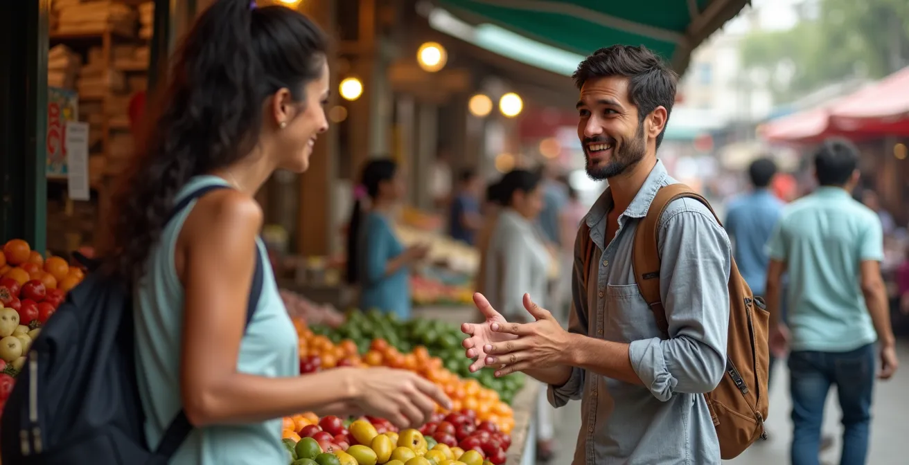 Traveler engaged in animated negotiation at a vibrant outdoor market
