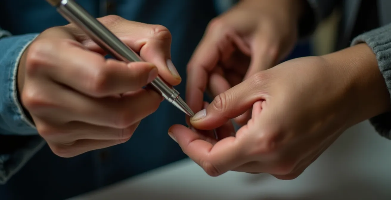 Extreme close-up of hands from different people working together on a shared intricate task