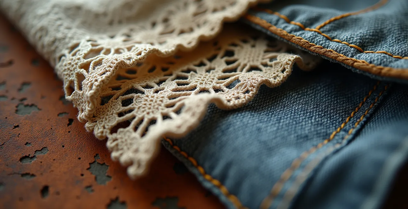 Curated collection of vintage clothing pieces displayed with artistic lighting