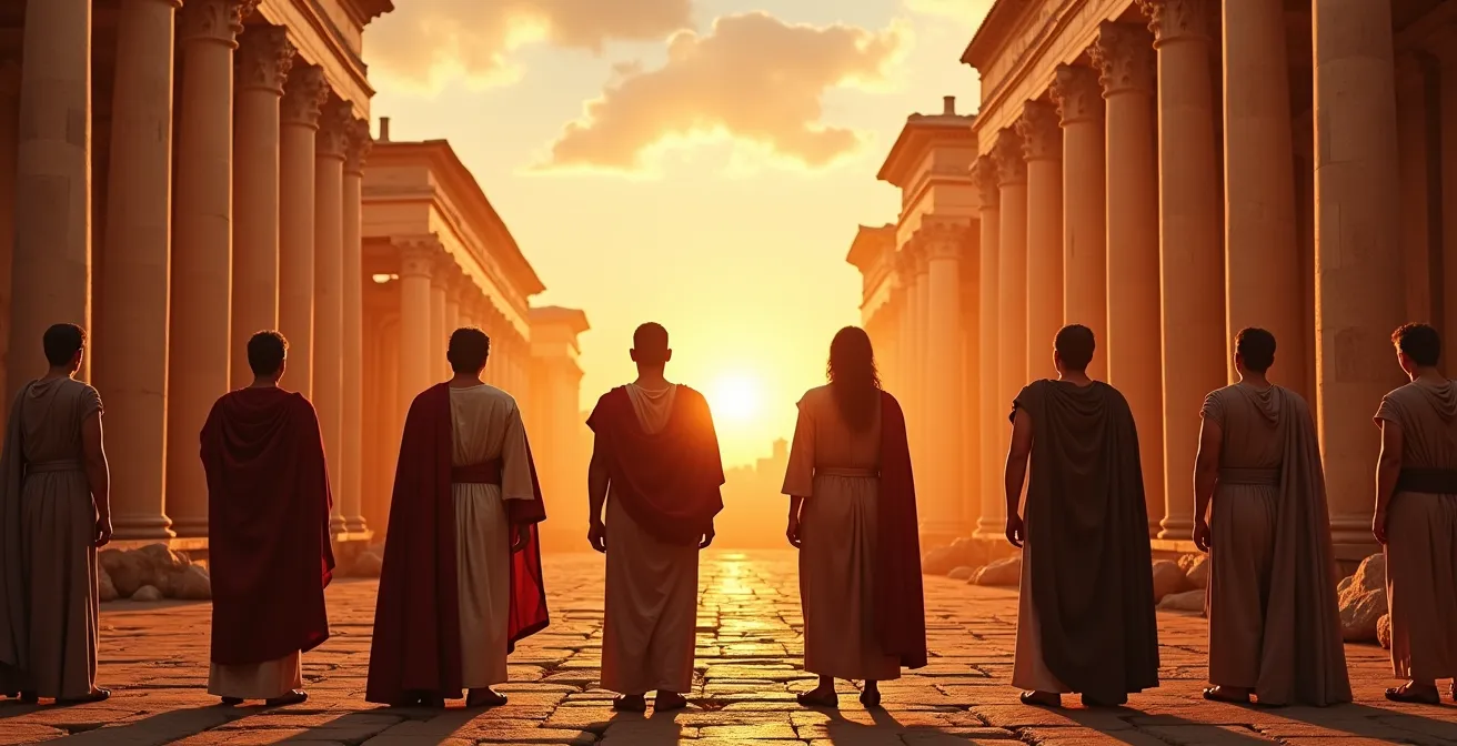 Virtual recreation of ancient Rome displayed on massive LED wall behind period actors